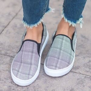 Women's Black and White Plaid Slip-On Sneakers